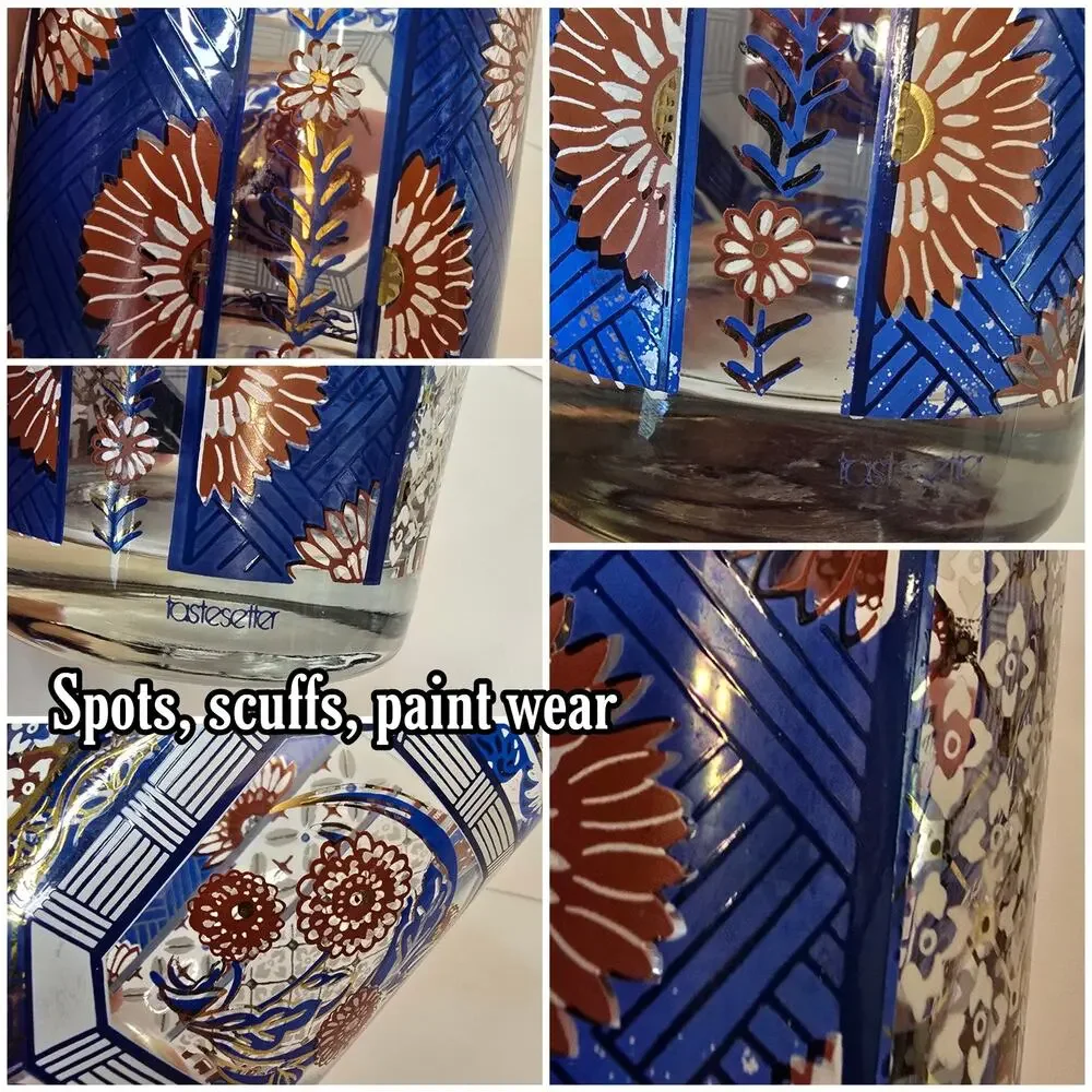 3 Old Fashioned Lowball Rocks Glasses Blue Oriental Imari Pattern Gold Vtg MCM